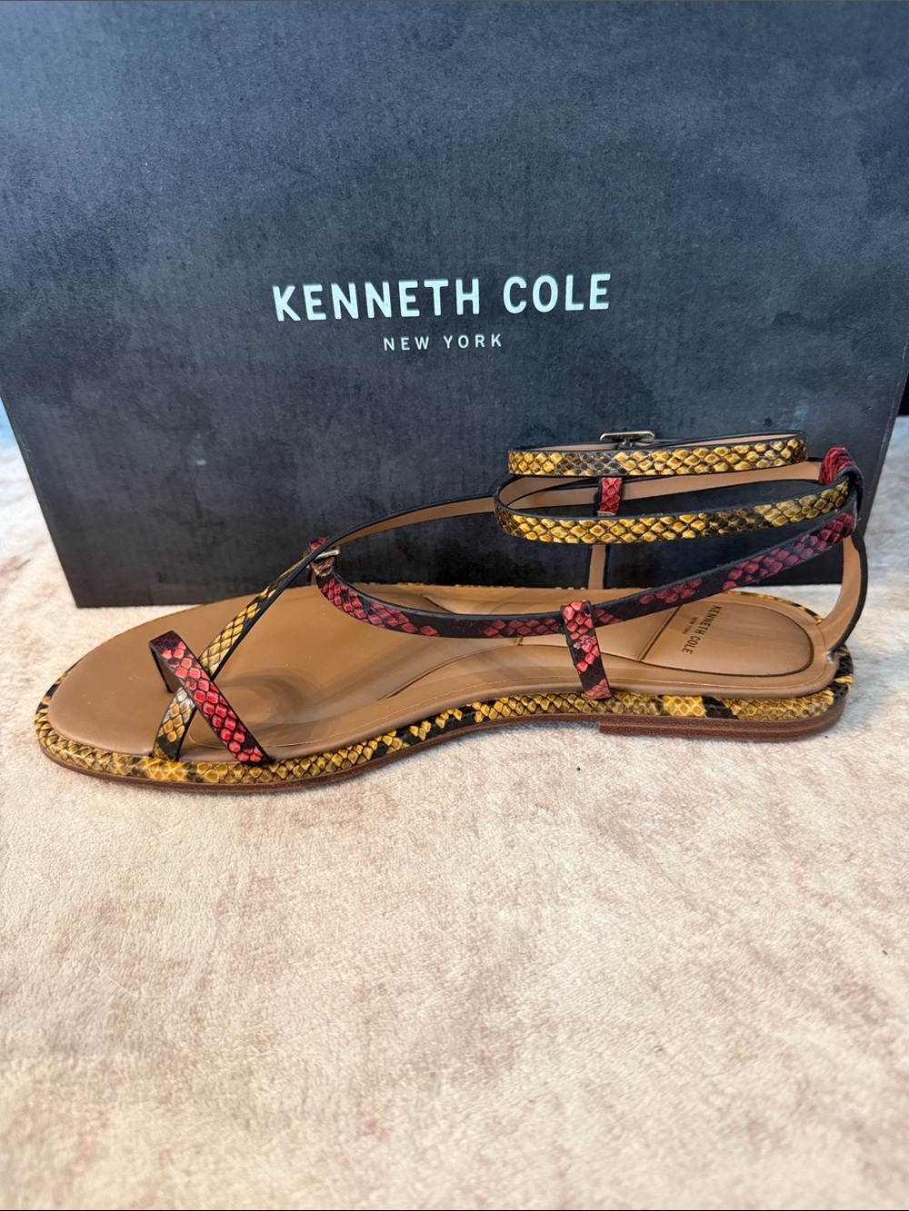 Kenneth Cole Paros Yellow & Red Snake-Print Strappy Flat Sandals